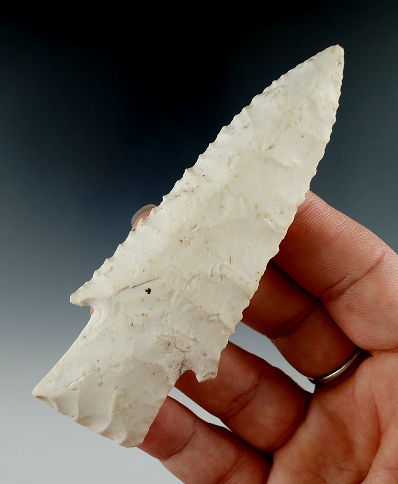 Nicely beveled 3 3/4" Hardin found near Springfield Illinois made from Burlington Chert. COA.