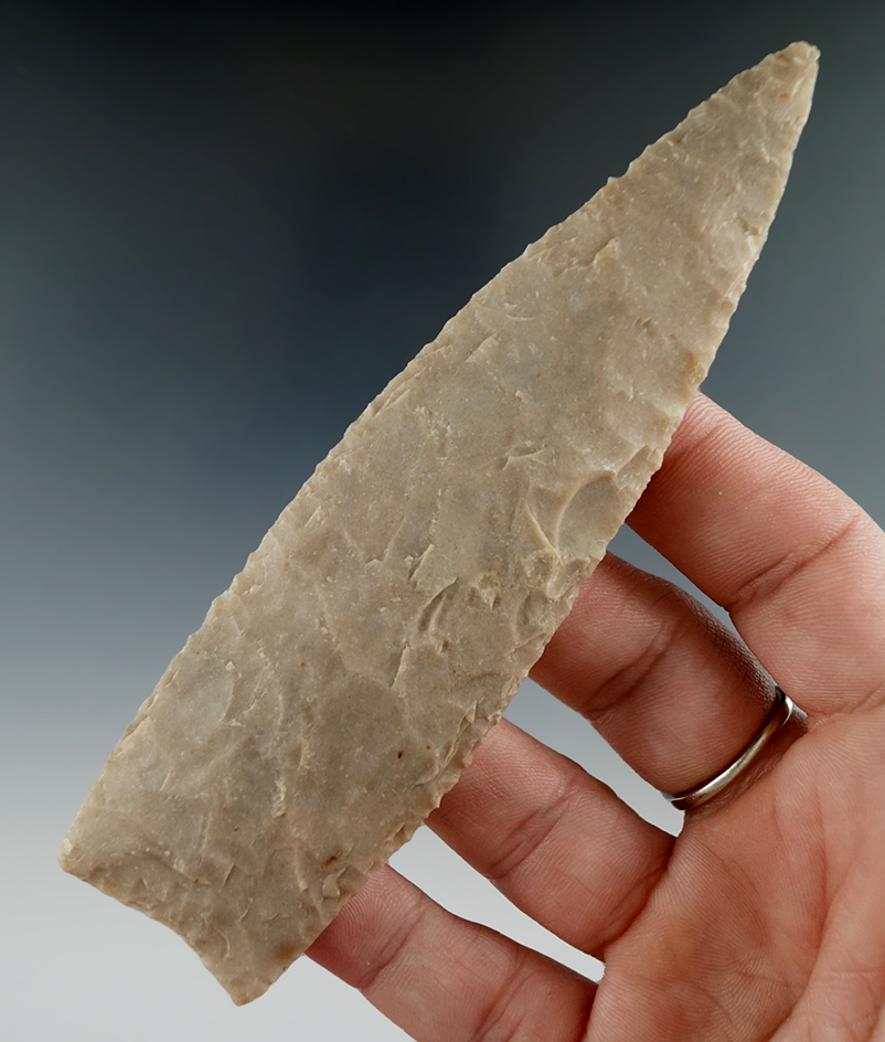Excellent flaking on this 4 13/16" Archaic Knife found in Wilson Co., Texas. Rogers COA.