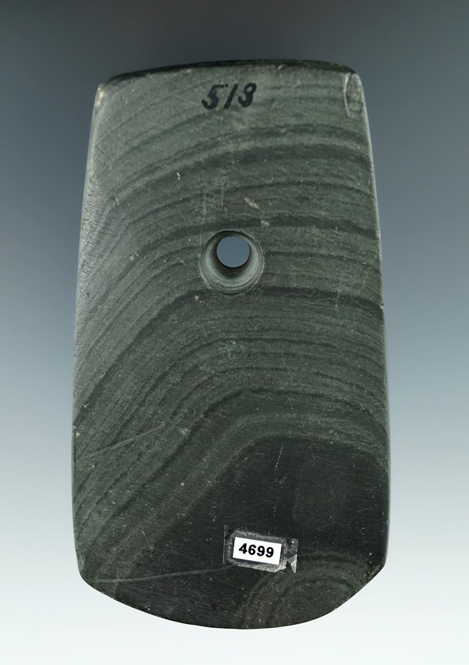 3 13/16" Banded Slate Pendant with restoration to a ding at the bottom edge- Montgomery Co., OH.