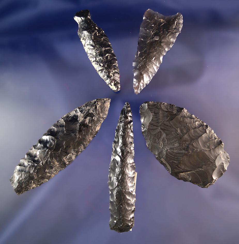 Set of 5 assorted Obsidian Arrowheads found by R. D. Mudge in Nevada. Largest is 3 3/8".