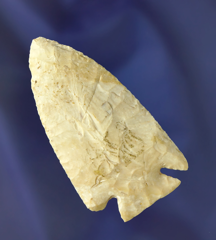 2 11/16" Burlington chert Kirk Cornernotch found in Missouri. Comes with a Dickey COA.