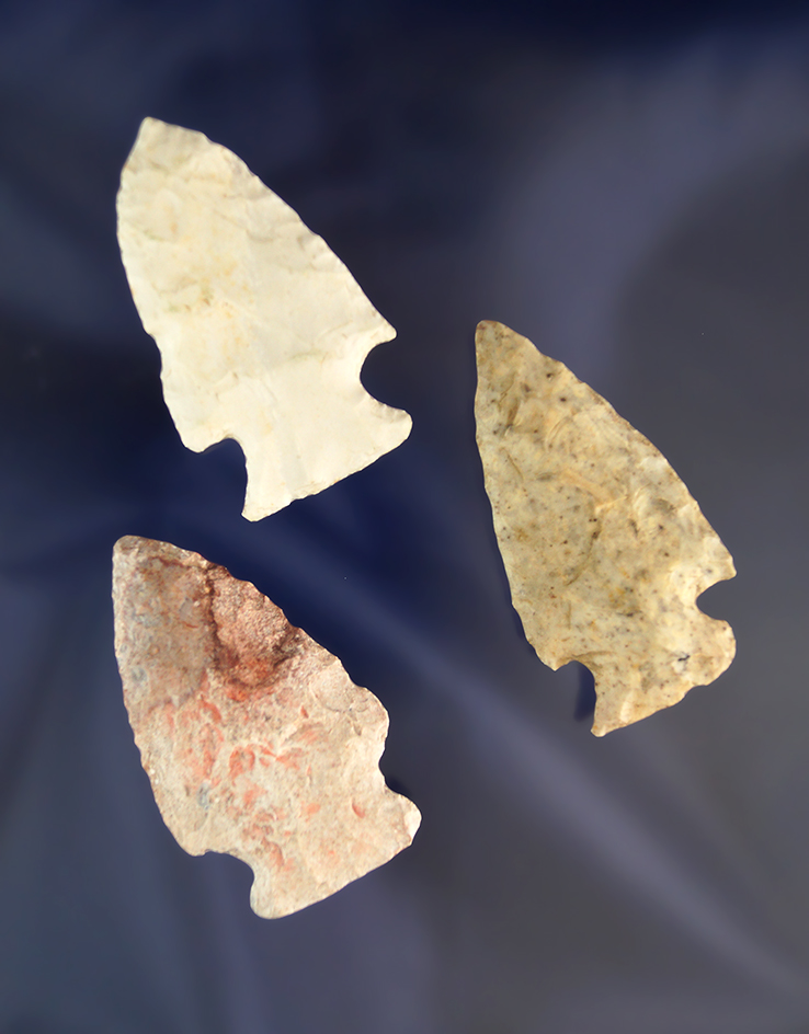 Set of three corner notched arrowheads, largest is 2" found in Benton County Missouri.