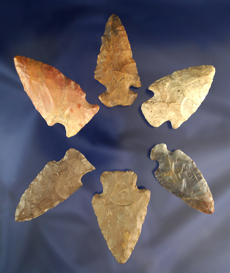 Set of six assorted Midwestern Arrowheads, largest is 2 3/8".