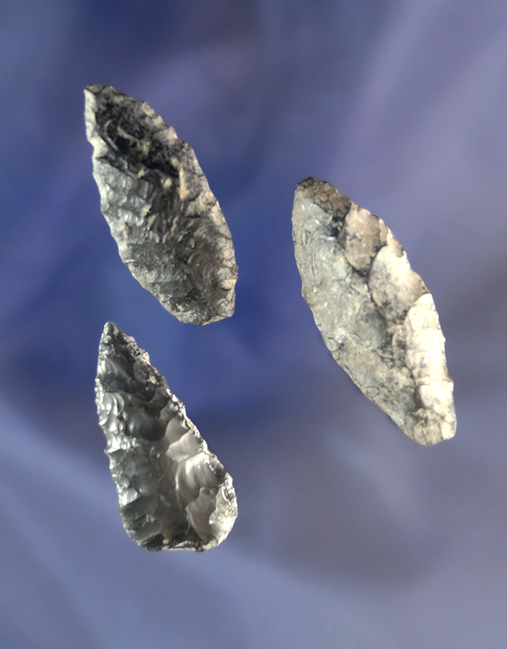 Set of three Obsidian Arrowheads from the western US, largest is 1 5/8".