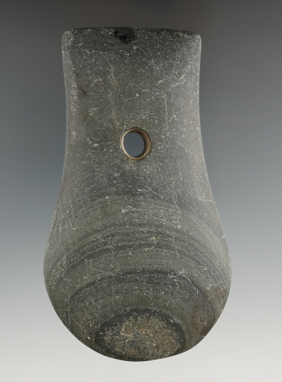 4 1/4" Adena Keyhole Pendant made from green and black Banded Slate, found in Hardin Co., Ohio. Pict