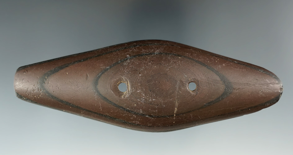 5" Adena Expanded Center Gorget made from red and black Banded Slate.