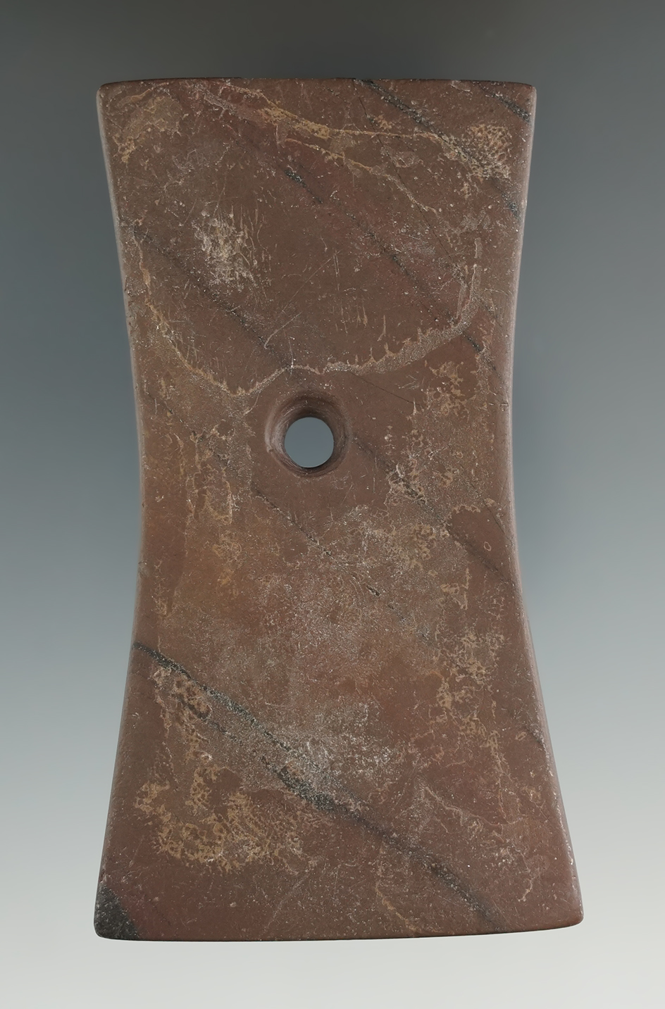 3 7/8" Adena Bell Pendant that is tallied found in Eagle Twp., Hancock Co., Ohio. Ex. Dean Driscoll