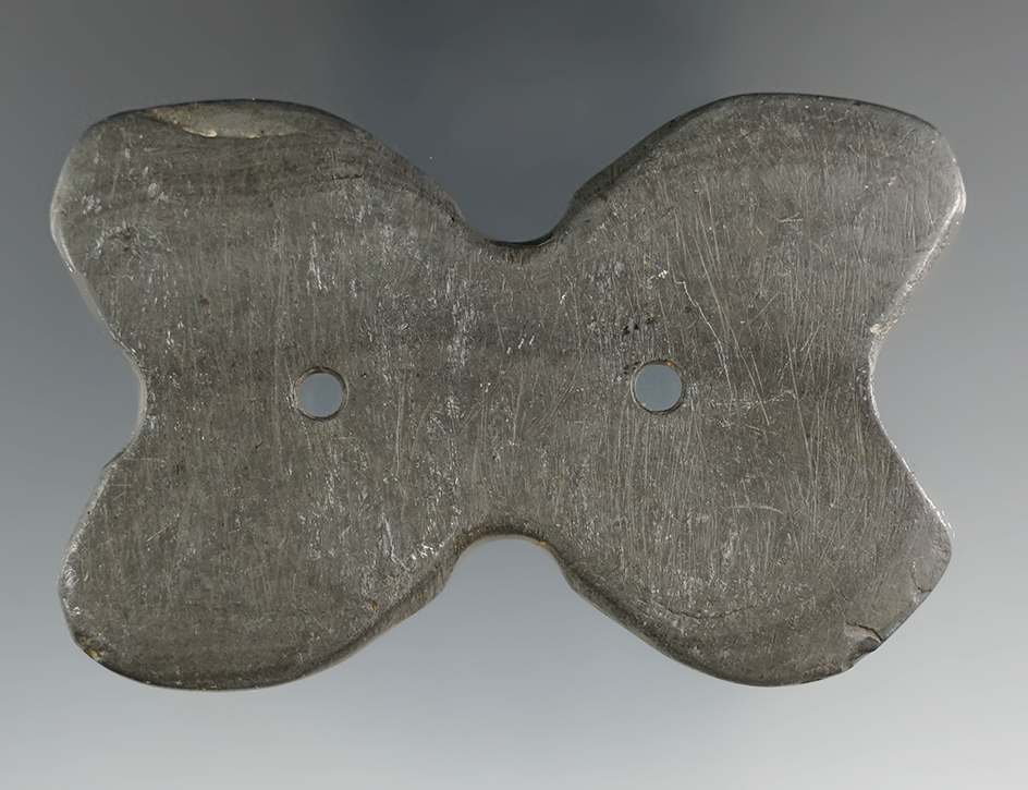 2 7/8" Hopewell Reel Gorget  made from Glacial Slate, found in Licking Co., Ohio. Ex. Cass Durda, Bo