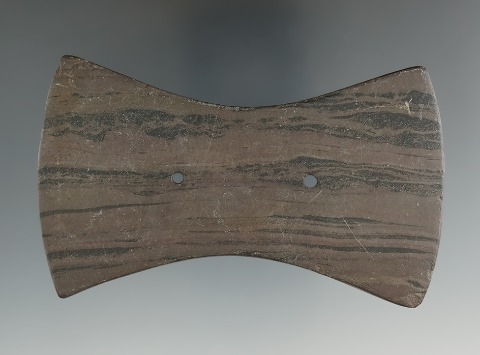 3 3/8" Adena Bi-Concave Gorget made from red and black Banded Slate, found in Preble Co., Ohio.