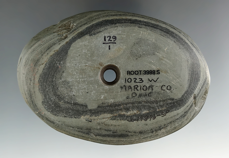 3 7/8" Adena Oval Pendant made from green and black Banded Slate, found in Marion Co., Ohio. Picture