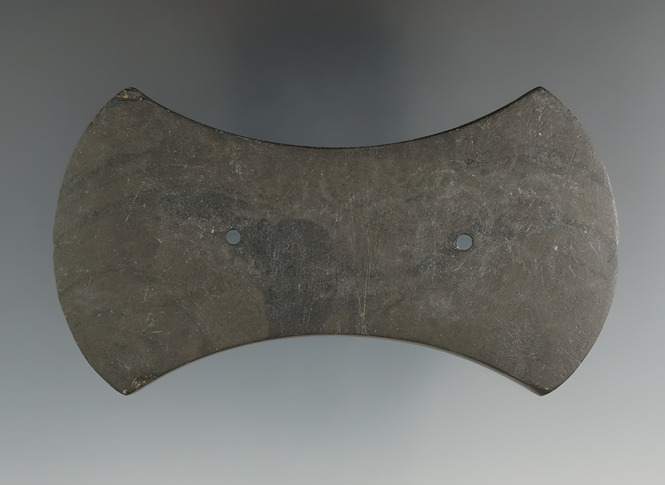 3 3/4" Adena Bi-Concave Gorget made from Banded Slate, found in Defiance Co., Ohio. Pictured in CSAJ