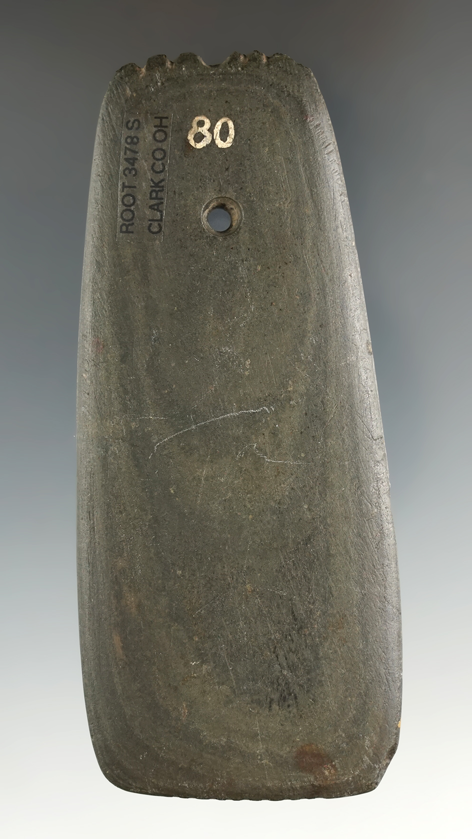 4 1/8" Hopewell Trapezoidal Pendant that is tallied and fringed found in Clark Co., Ohio. Ex. Arthur