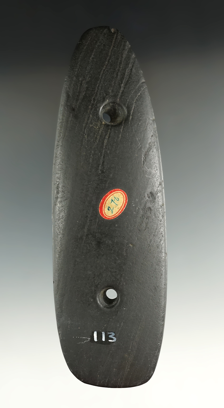 5 3/4" Glacial Kame Gorget found in Madison Co., Ohio. Ex. Phil Kientz, Ensil Chadwick (#113) Collec