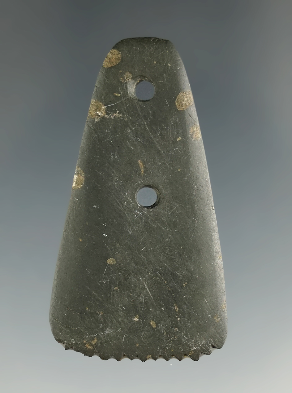 1 7/8" Miniature Trapezoidal Two Hole Pendant that is made from Glacial Slate. Found in Scioto Co.,