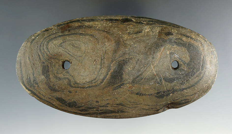 4 15/16" Glacial Kame Ovate Gorget found in or near Mansfield, Richland Co., Ohio. Excellent age on