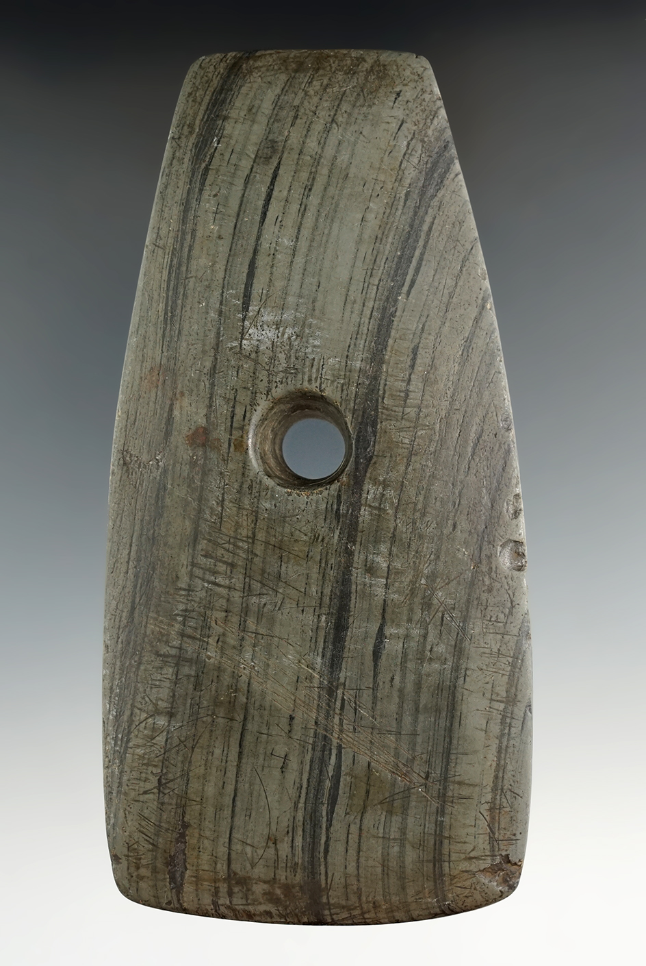 Large and heavily patinated 5 1/8" Adena Trapezoidal Pendant found in Ohio. Ex. Dr. Roland Bunch.