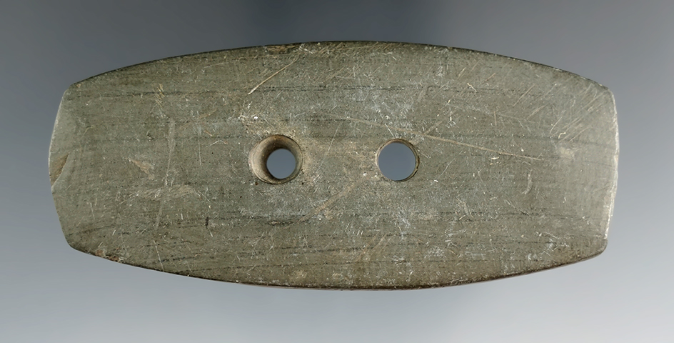 3 9/16" Hopewell Gorget made from gray and black Banded Slate, found in Ohio. Ex. Macy Hallock.