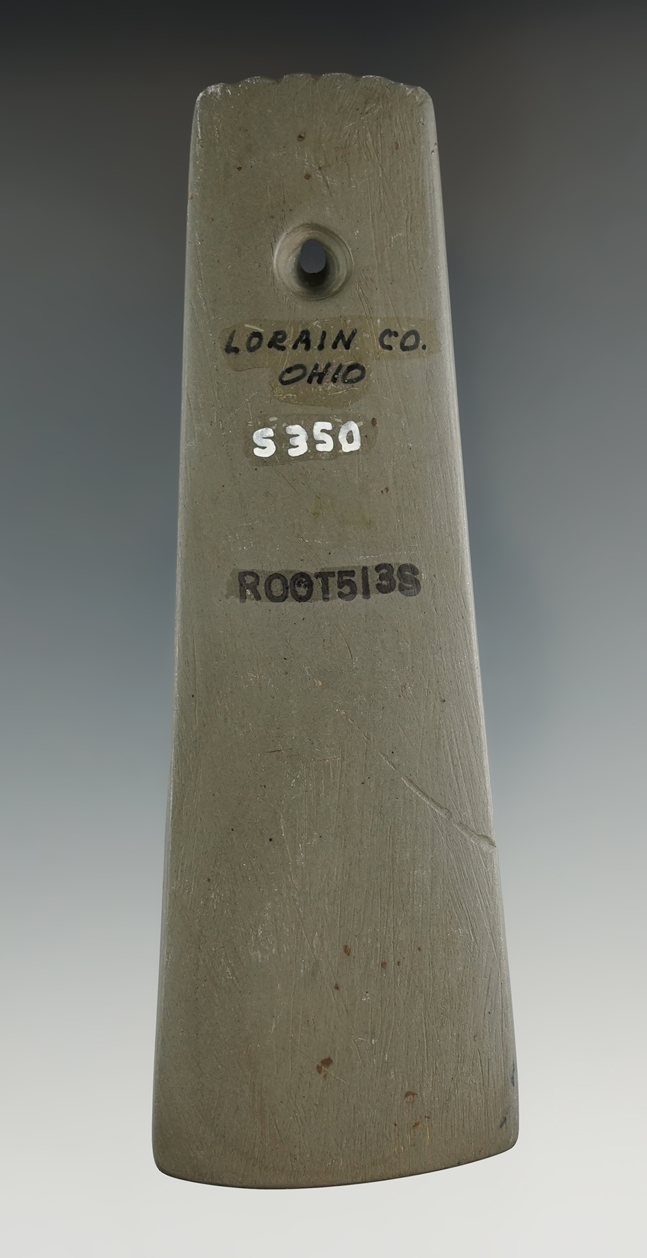 4 13/16" Adena Bell Pendant made from green and black Banded Slate with a fringed top. Lorain Co., O