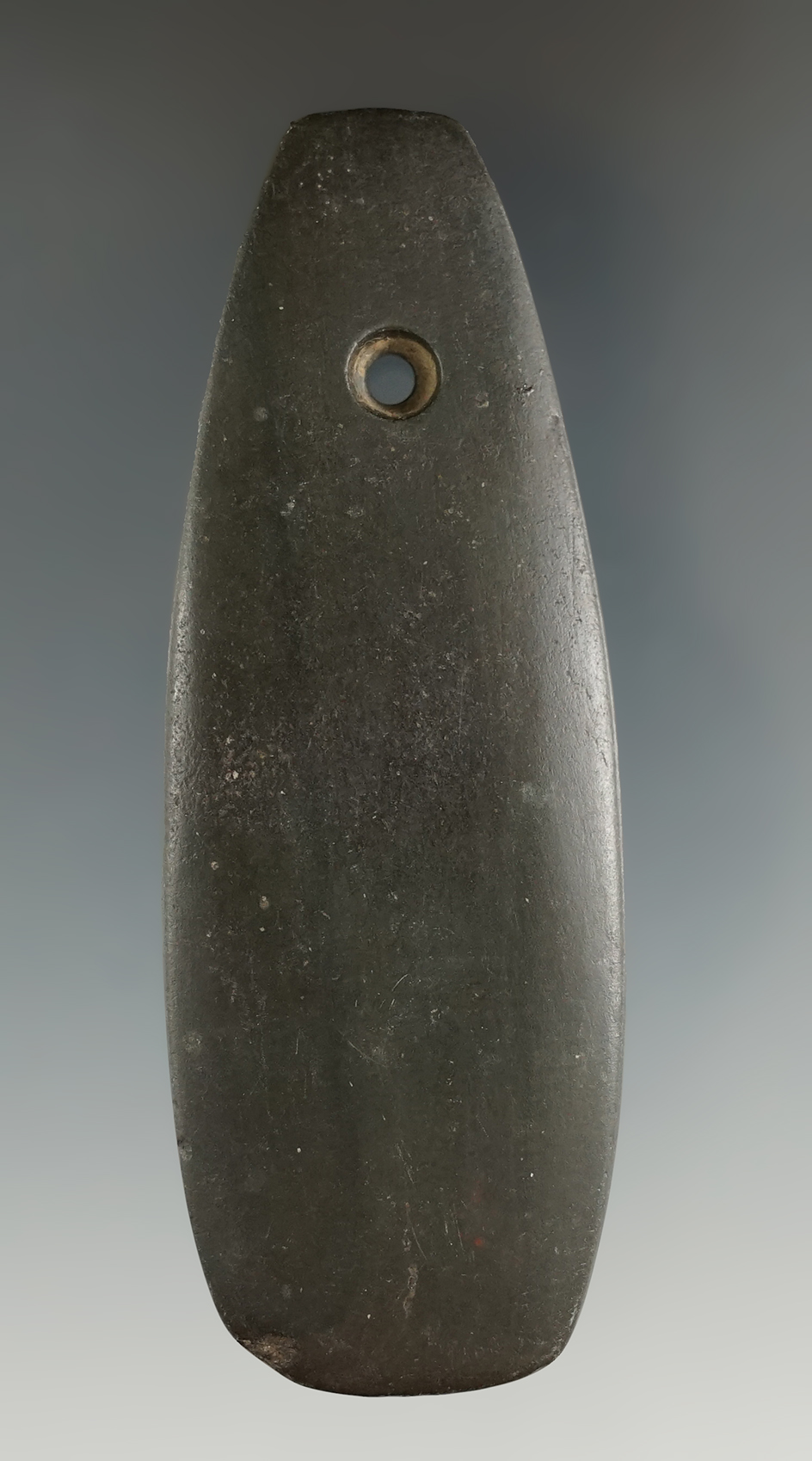 3 5/8" Hopewell Teardrop Pendant made from brown and black Banded Slate, found in Wood Co., Ohio.
