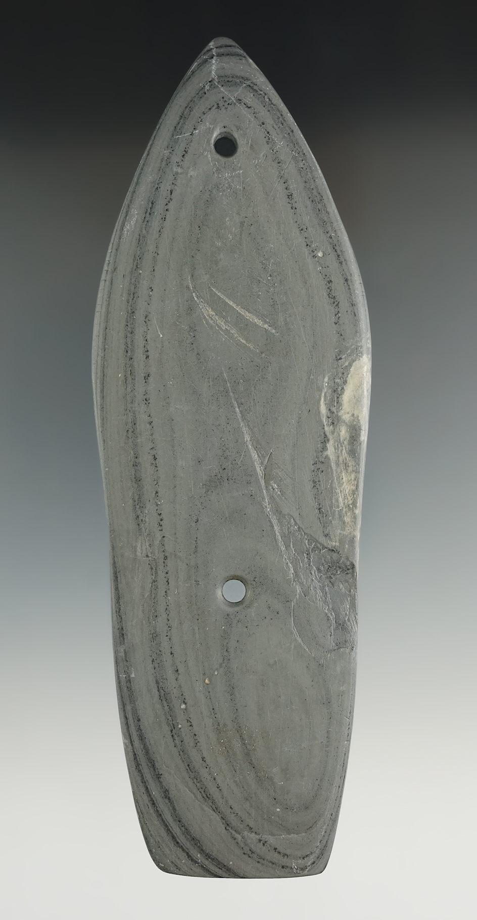 6 1/16" Glacial Kame Sandal Sole Gorget made from Mottled Slate. Found in Putnam Co., Ohio.