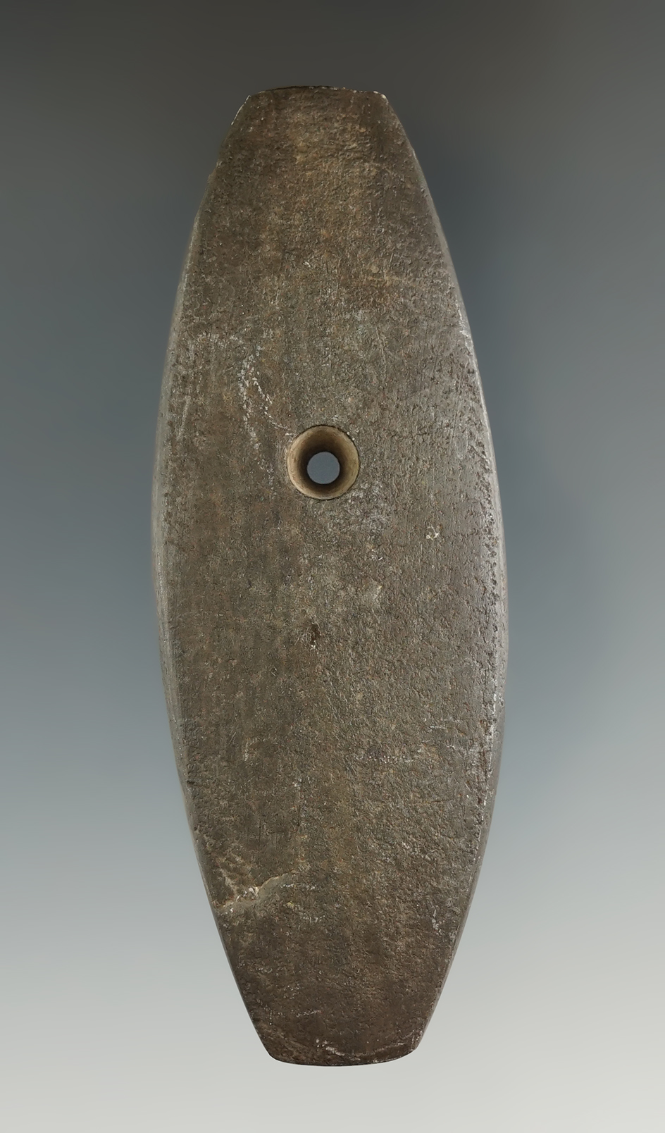 3 11/16" Hopewell Pendant made from brown and black Banded Slate. Found in Pike Co., Ohio. Ex. Vietz