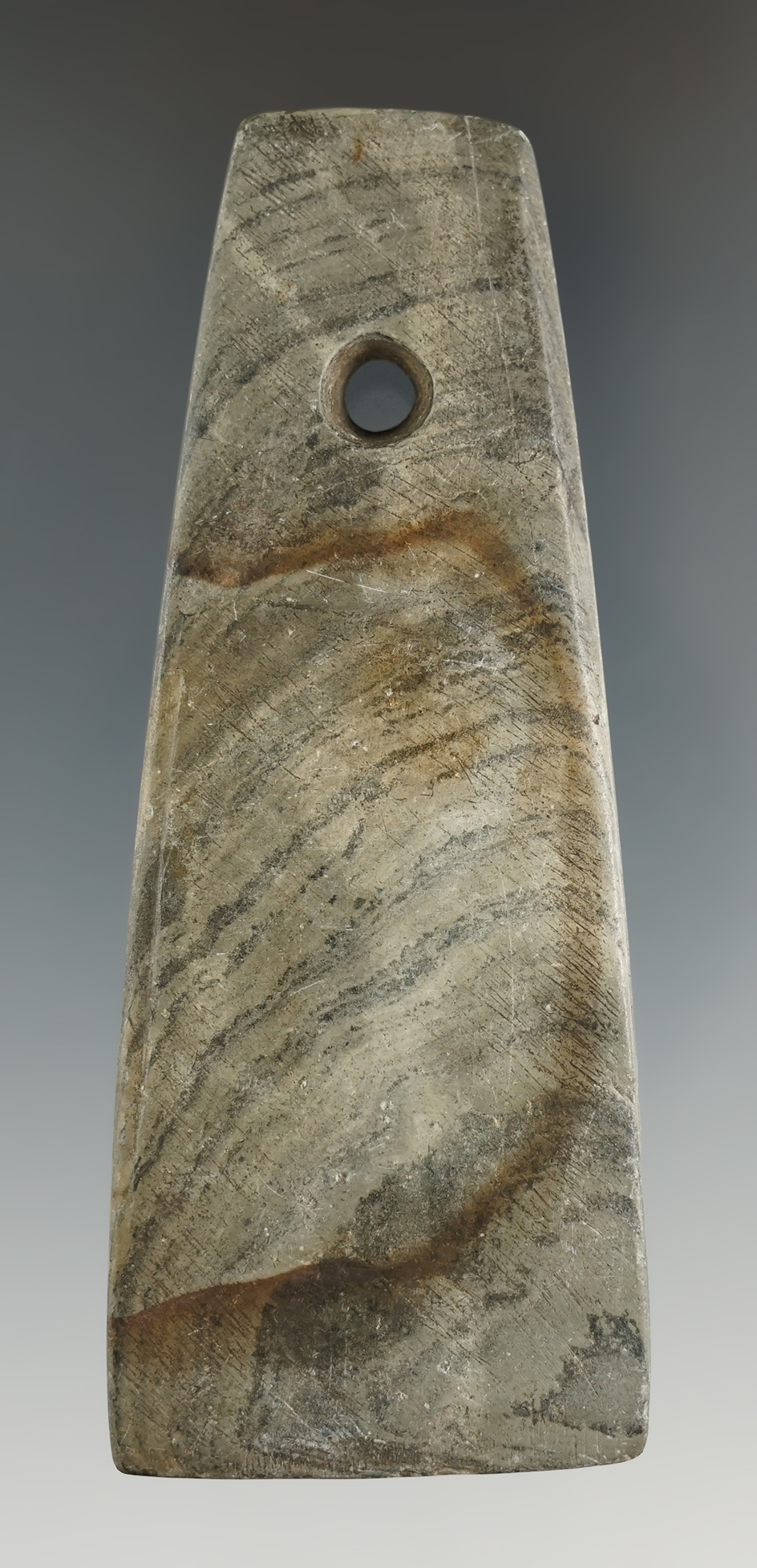 3 13/16" Adena Trapezoidal Pendant found in Lucas Co., Ohio. Ex. Nieman Collection.