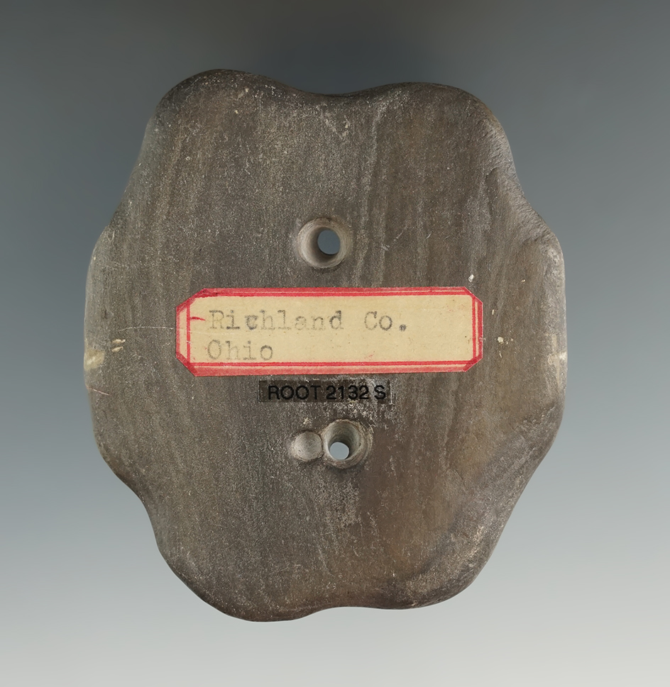 3" Hopewell Eccentric Gorget that is uniquely styled from Banded Slate. Found in Richland Co., Ohio.