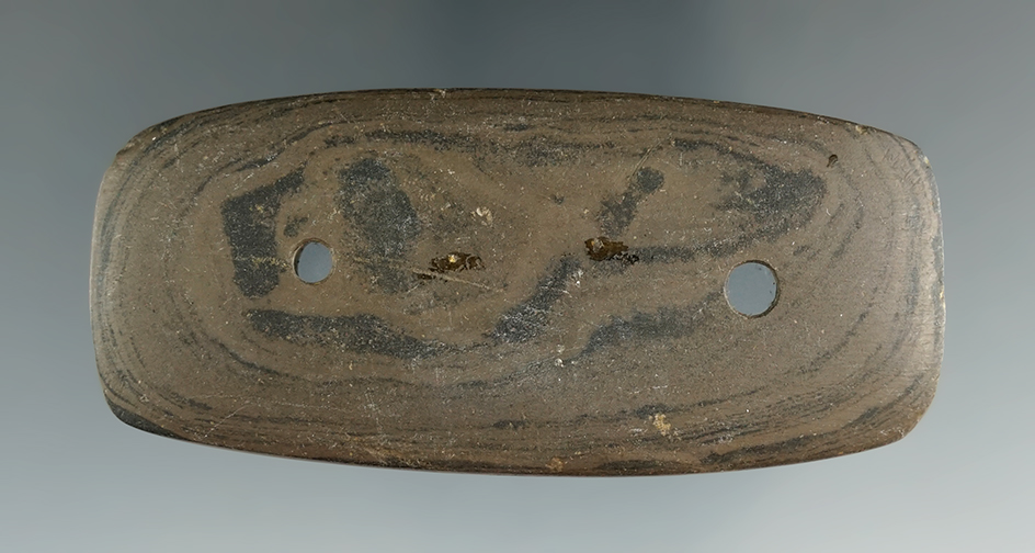 3 3/8" Glacial Kame Bar Gorget made from brown and black Mottled Slate, found in Clark Co., Ohio.