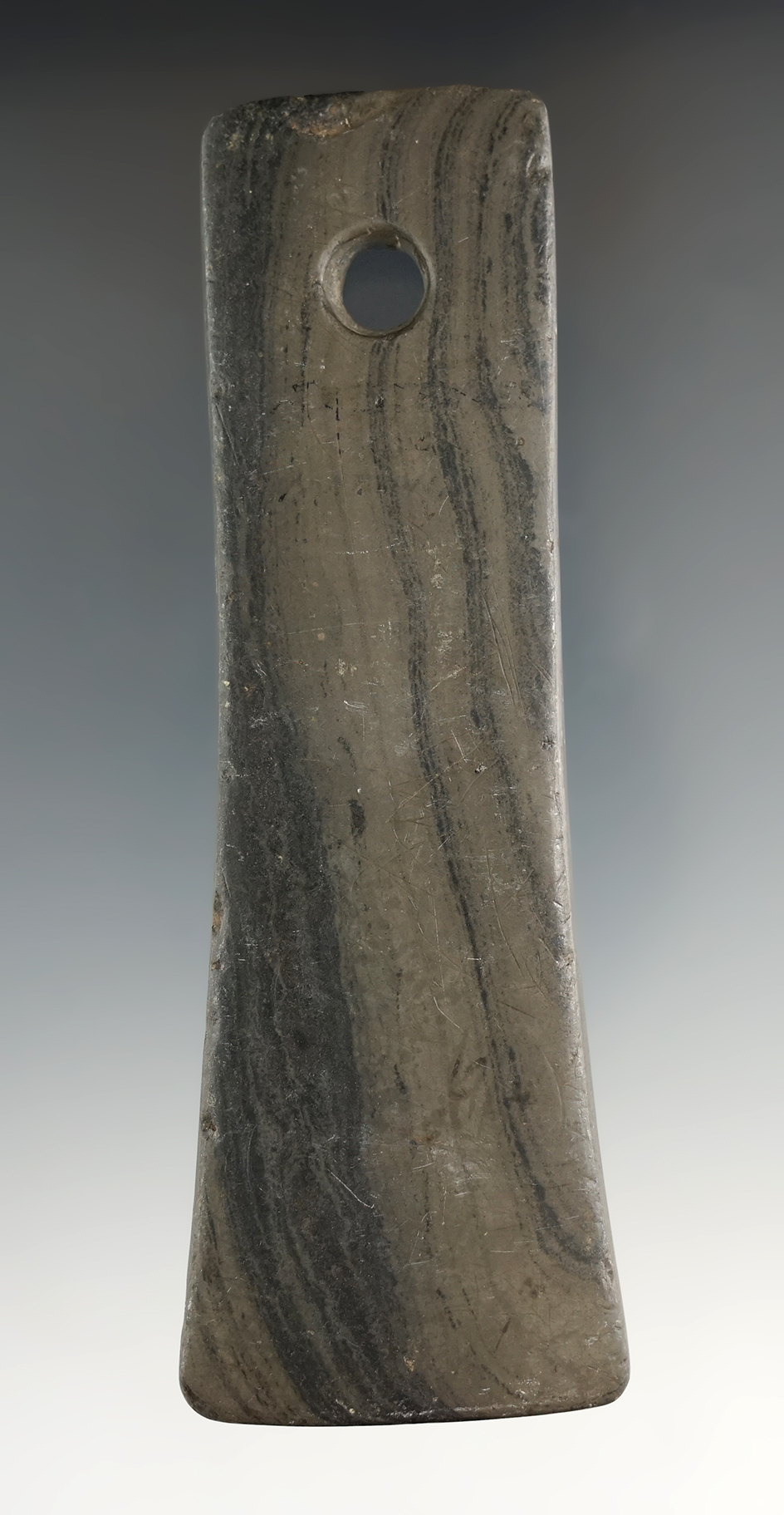 4 5/8" Adena Bell Pendant found in Ohio. Ex. Raymond Vietzen, Bruce Gandee, Keith Ray, Rob Dills.