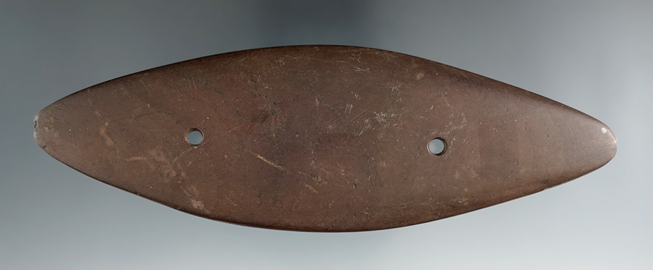 5 13/16" Glacial Kame Bi-Pointed Gorget made from red Slate. Ex.  Donkin, Elmer Grimm Collections.