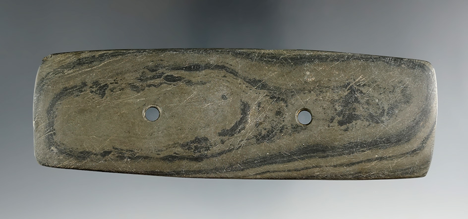 5" Hopewell Bar Gorget made from green and black Mottled Slate, found in Ashtabula Co., Ohio.