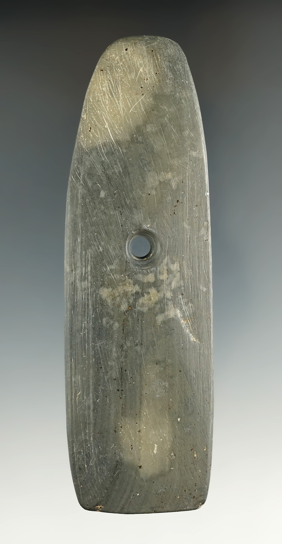 4 7/16" Hopewell Trapezoidal Pendant made from Slate with heavy mineral deposits on surface.  Ohio.