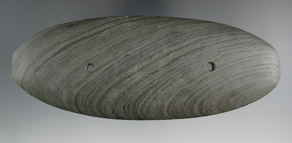 6 3/8" Glacial Kame Elliptical Gorget made from beautifully banded Slate. Found in Miami Co., OH. Pi