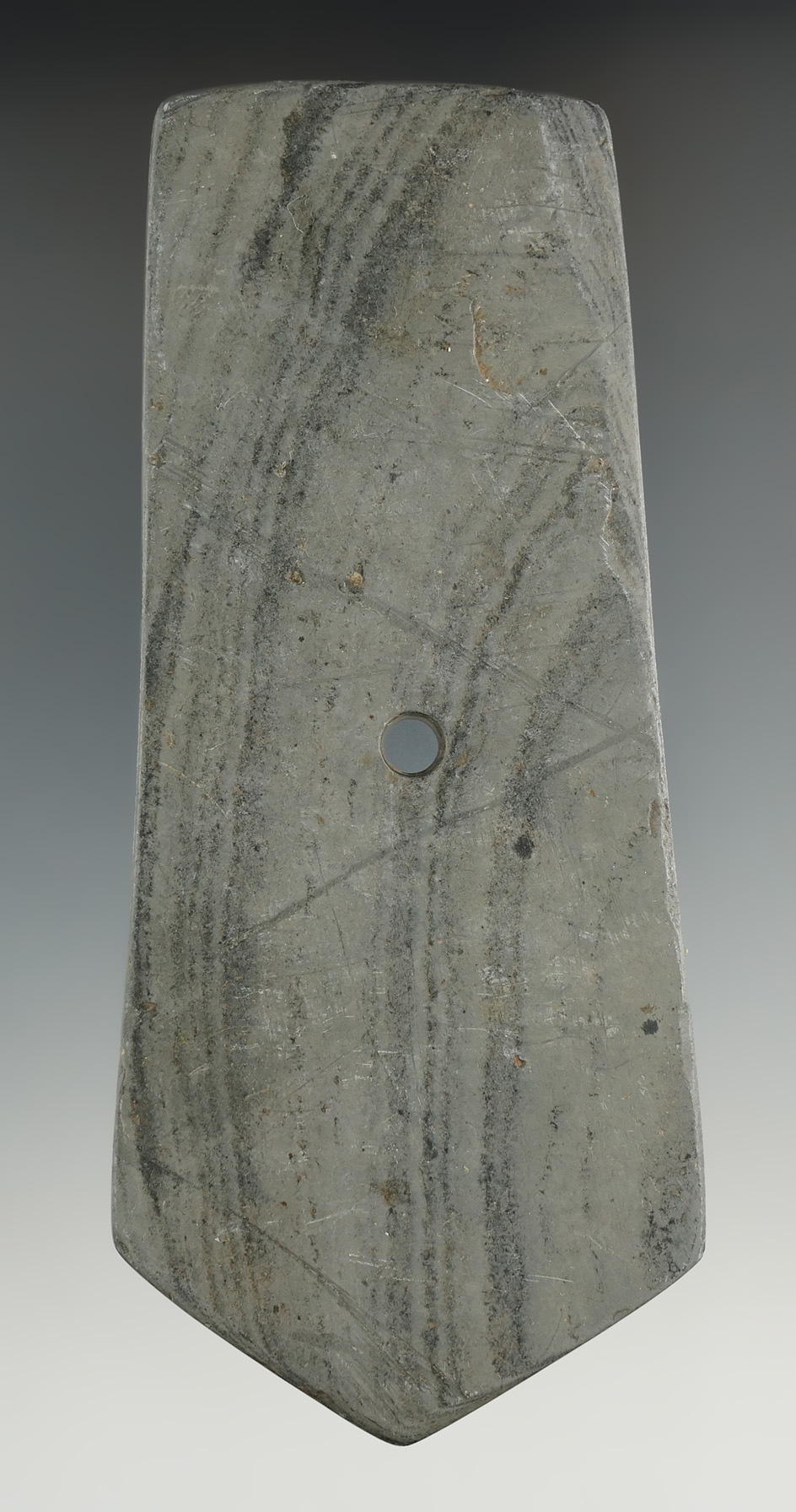 5 1/16" Hopewell Pentagonal Pendant made from green and black Banded Slate, found in Fayette Co., Oh