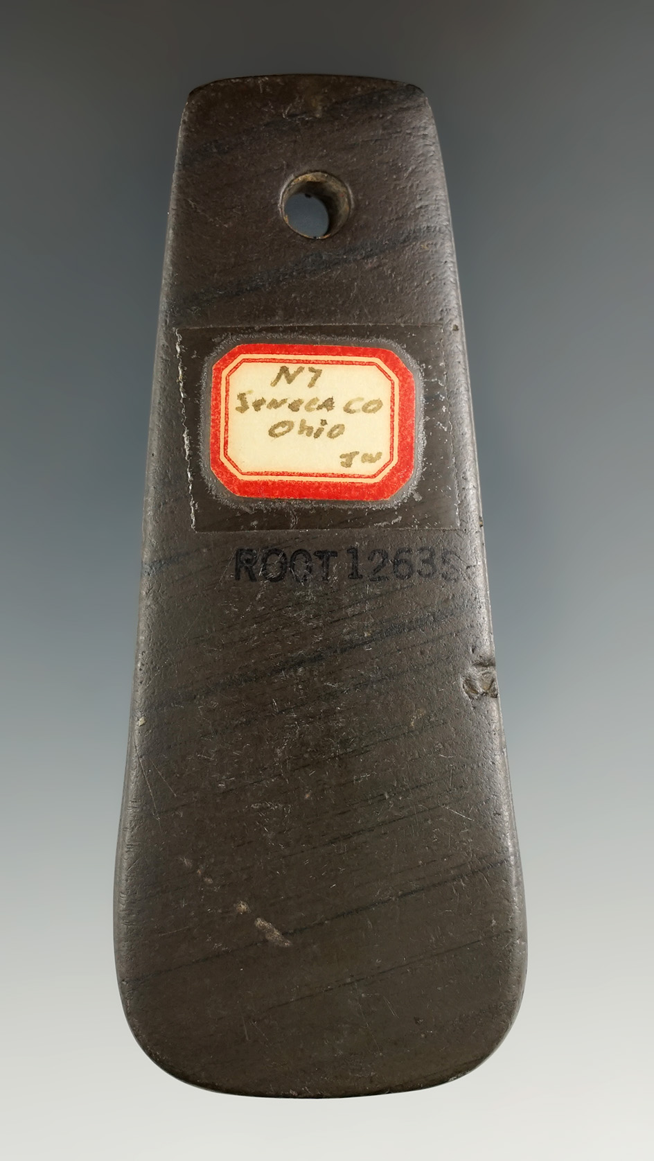 3 3/4" Adena Trapezoidal Pendant made from brown and black Banded Slate, found in Seneca Co., Ohio.