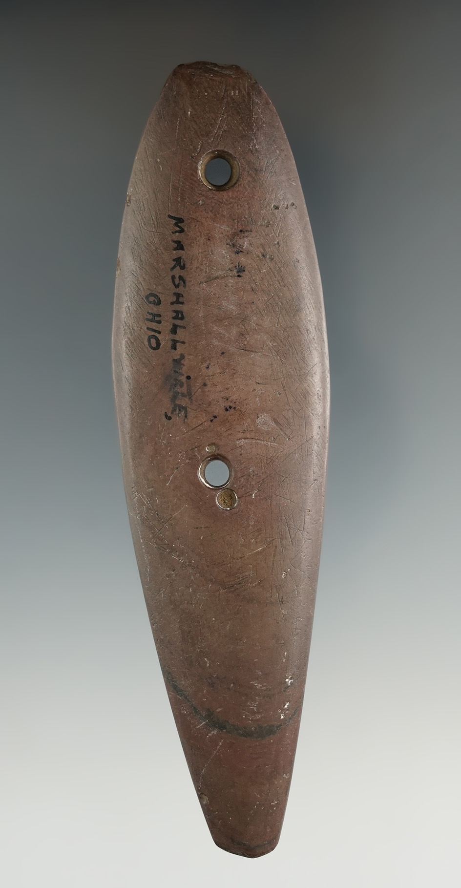 4 3/4" Glacial Kame Sandal Sole Gorget found in or near Marshallville in Wayne Co., Ohio. Ex. Vietze