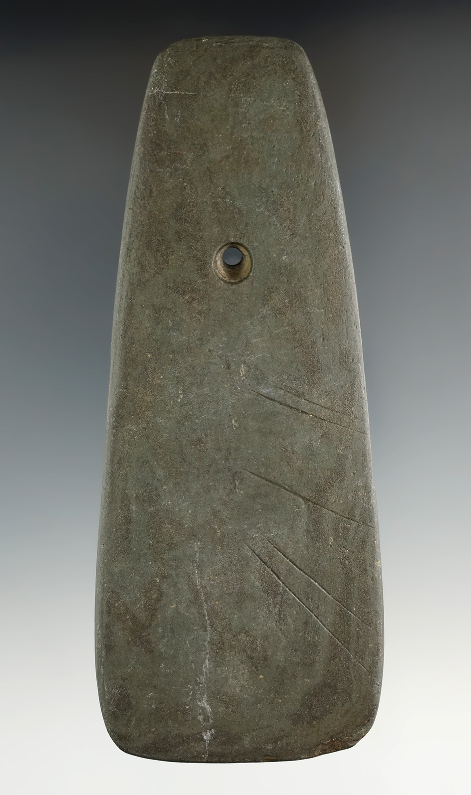 5 1/8" Hopewell Trapezoidal Pendant with engravings on both sides. Found in Preble Co., Ohio.