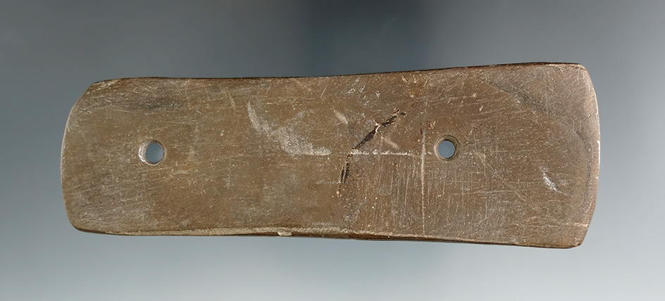 4 5/8" Glacial Kame Concave Bar Gorget made from brown Banded Slate, found in Huron Co., Ohio.