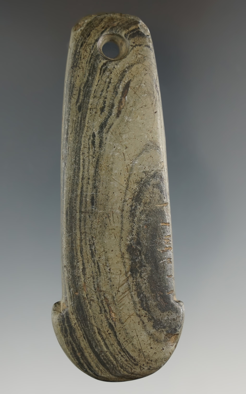 3 7/8" Adena Anchor Pendant with some tallies along one edge.  Logan Co., Ohio. Ex.  Wehrle, Parks