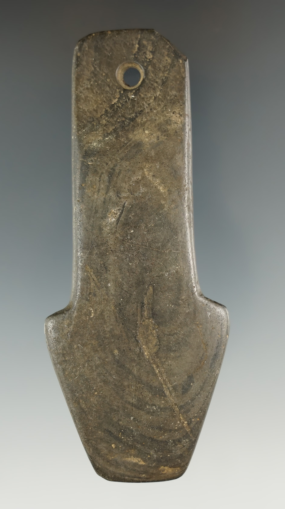 4" Hopewell Shovel Pendant made from green and black Mottled Slate, found in Franklin Co., Ohio.