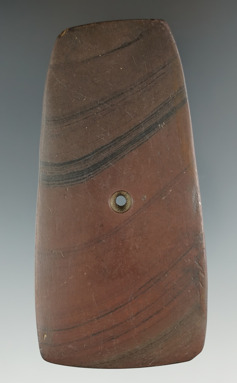3 3/4" Hopewell Trapezoidal Pendant made from red and black Banded Slate, found in Licking Co., Ohio
