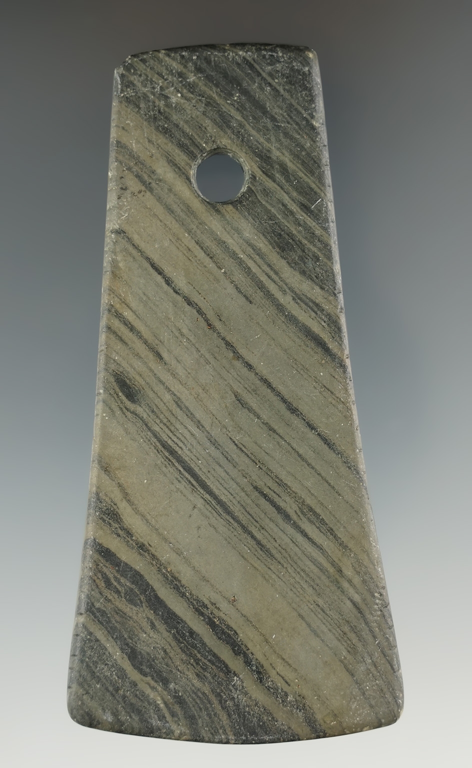 3 3/4" Adena Trapezoidal Pendant with tallied edges. Found in Pike Co., Ohio. Ex. Gilbert Dilley Col