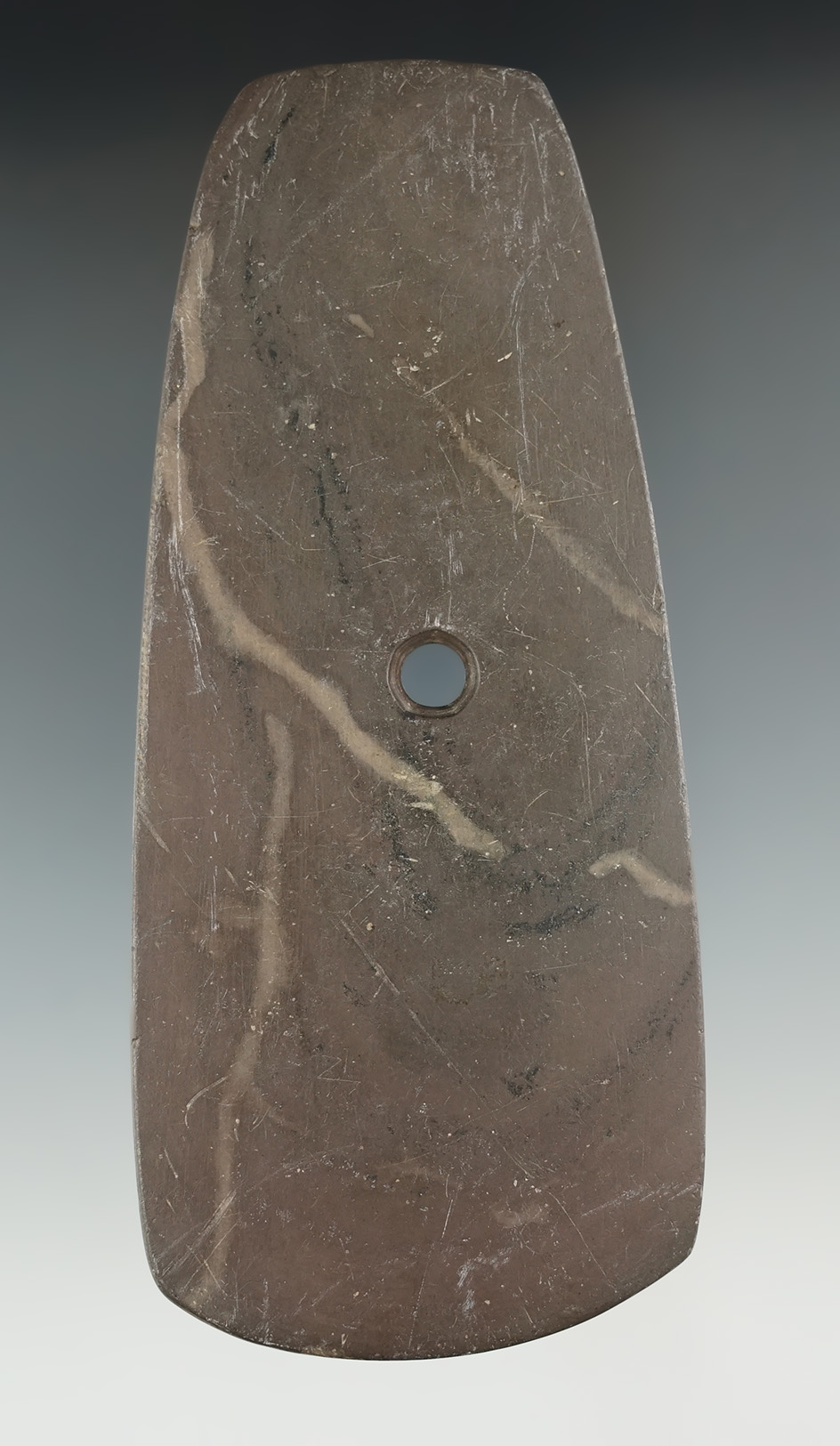 5 1/16" Adena Trapezoidal Pendant made from Banded Slate with "worm tracks", found in Allen Co., Ohi