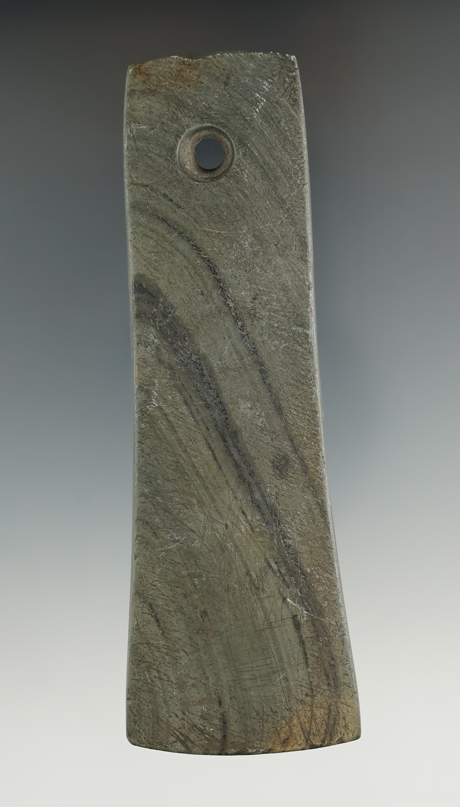 4 1/2" Adena Bell Pendant found in Richland Co., Ohio. Ex. Dr. Gordon Meuser (#79/5), Rick Waibel (#