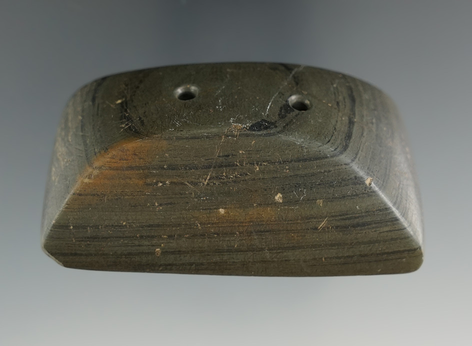 2 5/8" Adena Semi-Keeled Gorget made from green and black Banded Slate, found in Ohio.