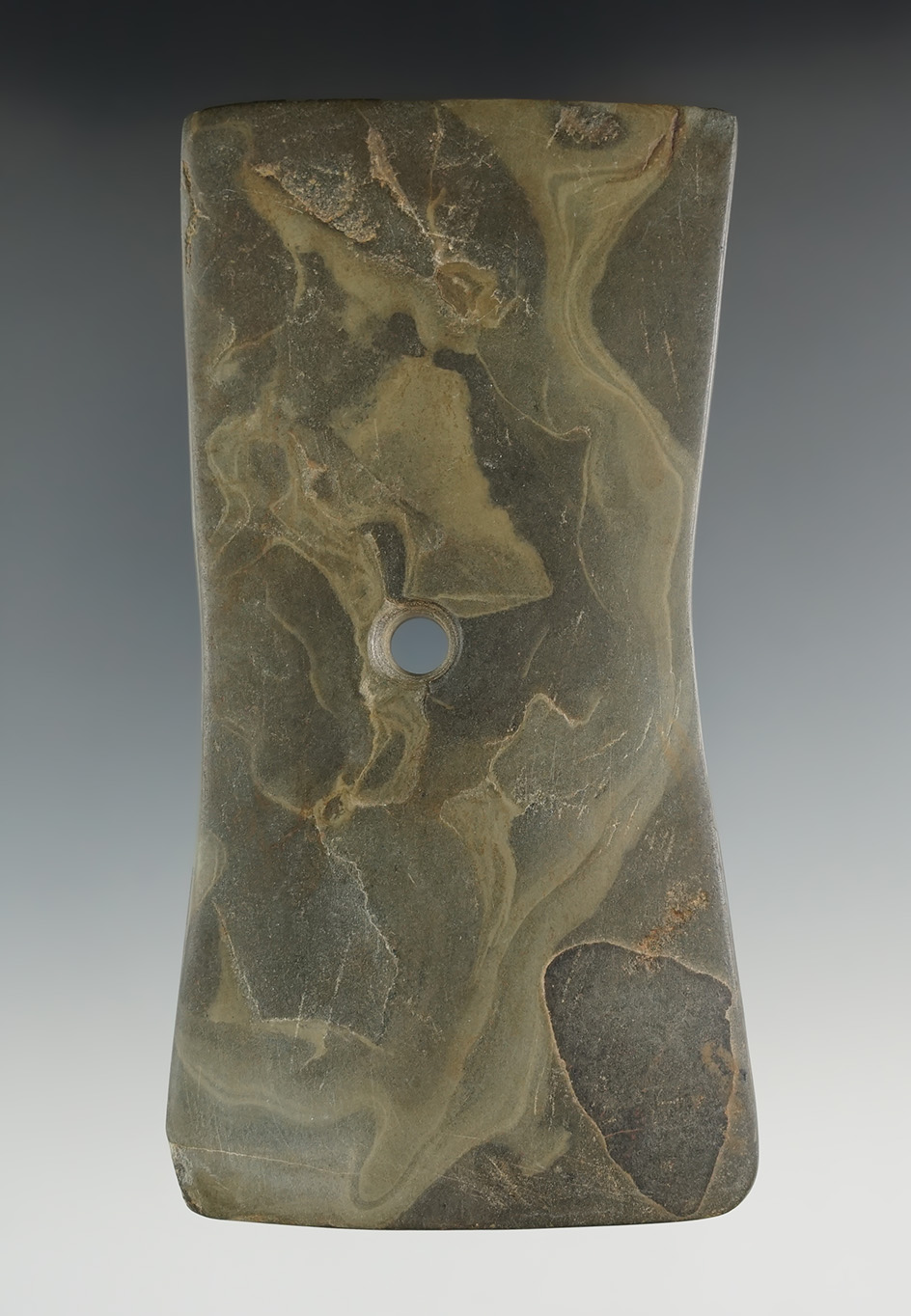 4 15/16" Adena Bi-Concave Pendant made from incredibly colored Mottled Slate, found in Ashland Co.,