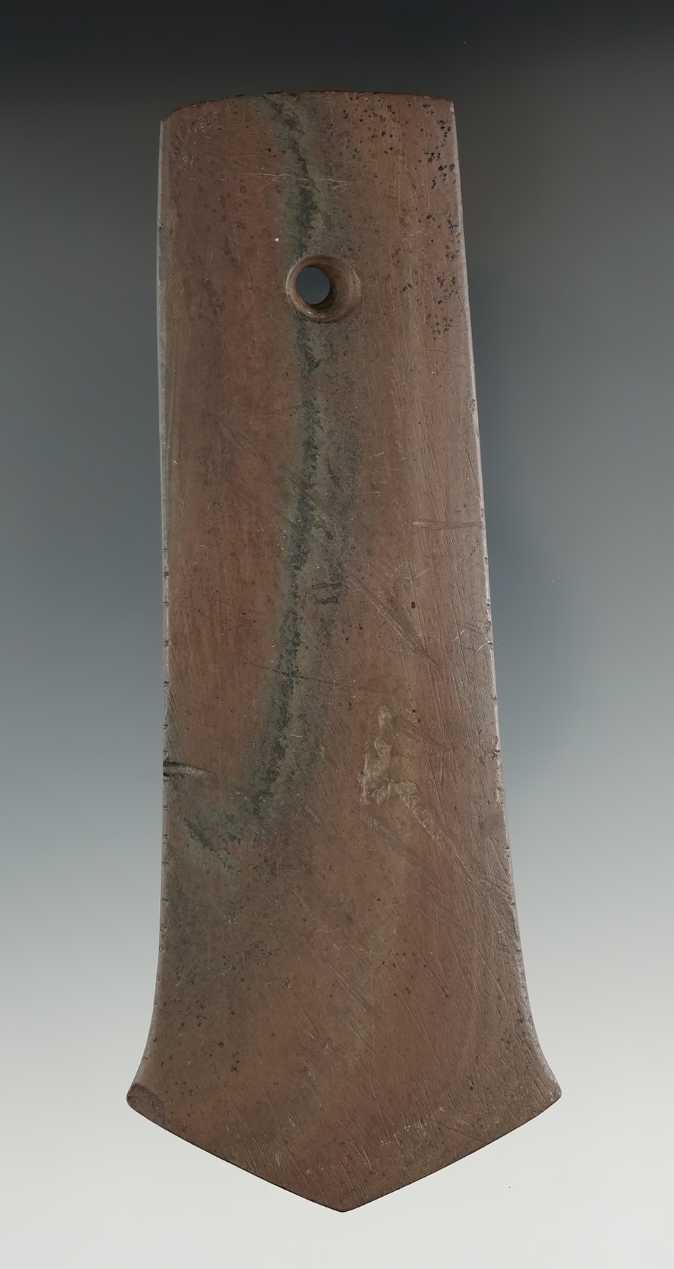 5 1/8" Adena Anchor Pendant made from red and black Banded Slate. Found in Portage Co., Ohio. Pictur