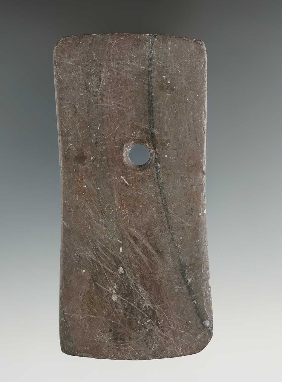 4 1/4" Adena Rectangular Pendant made from red and black Banded Slate, found in Stark Co., Ohio.