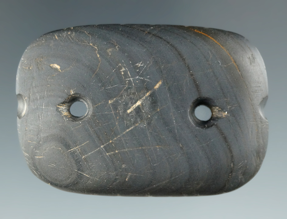 Very unique 2" Banded Slate Salvaged Gorget that is engraved on both sides and tallied. Ohio.