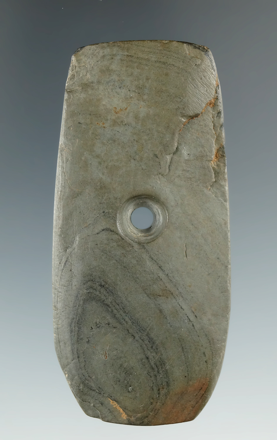2 3/4" Banded Slate Pendant found in Richland Co., Ohio.